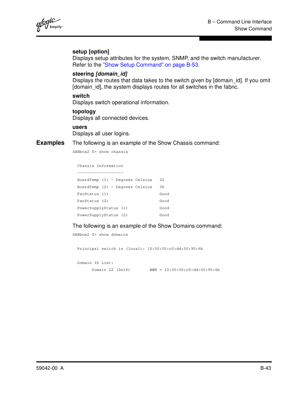 Q-Logic SANBOX2-8C manual Setup option, Steering domainid, Topology, Users 