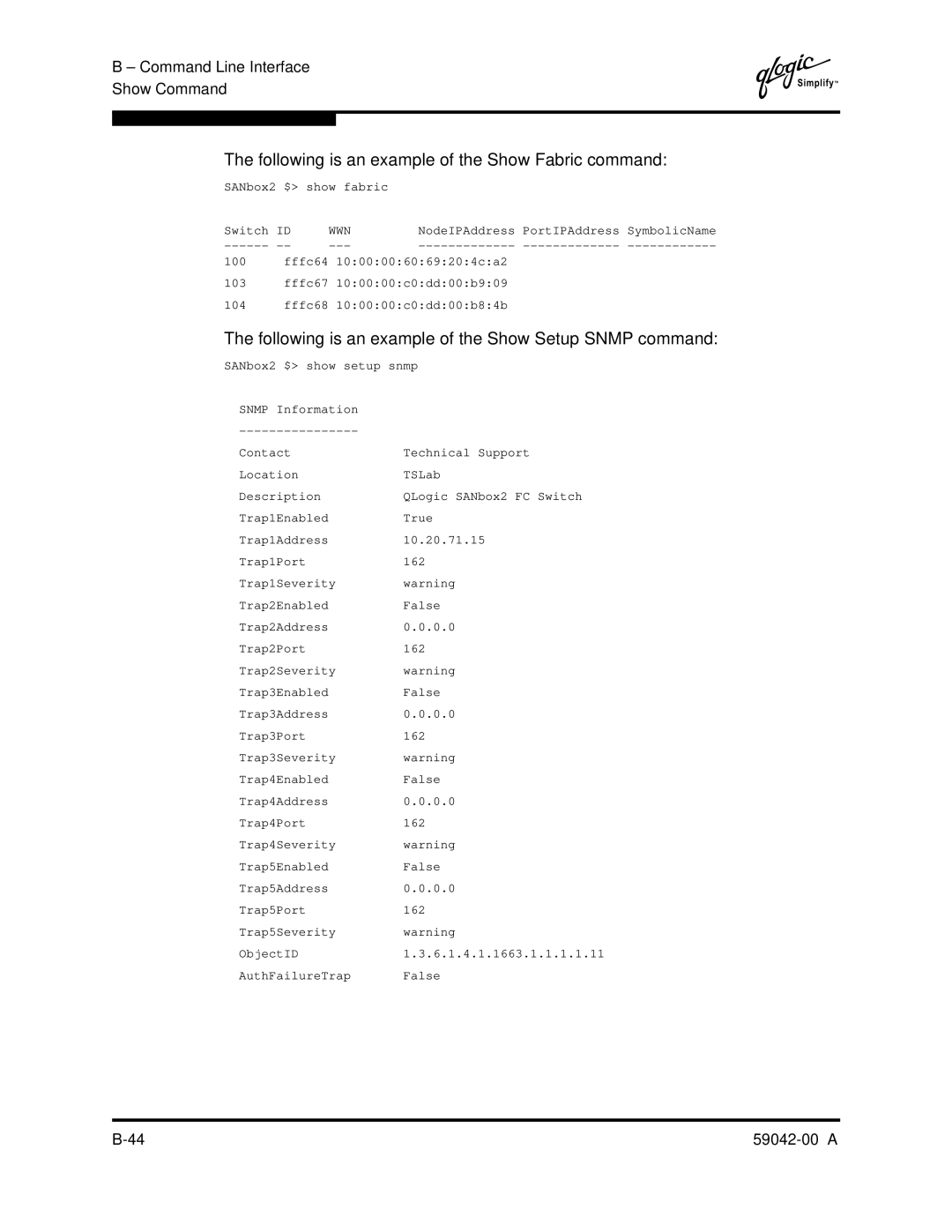 Q-Logic SANBOX2-8C manual Following is an example of the Show Fabric command 