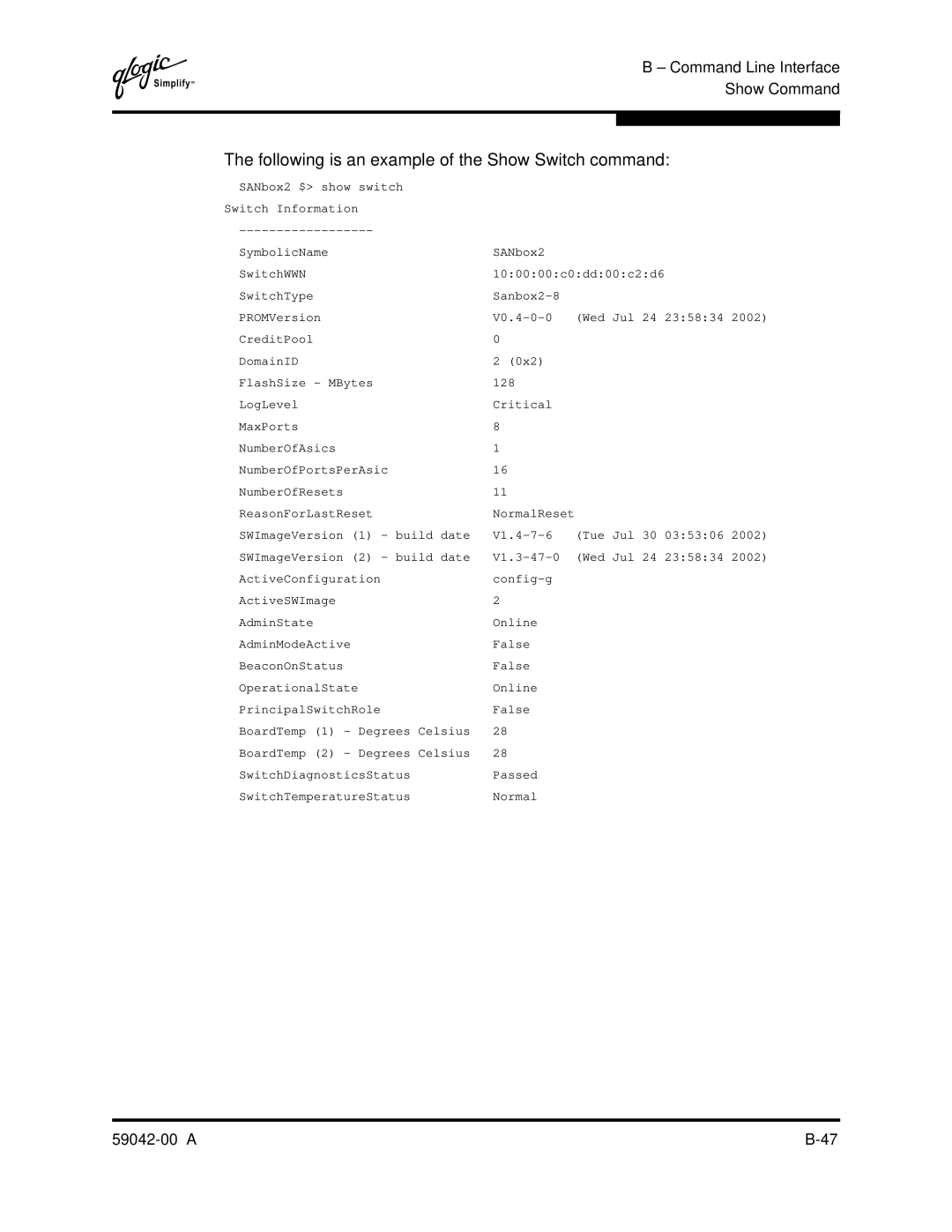 Q-Logic SANBOX2-8C manual Following is an example of the Show Switch command 