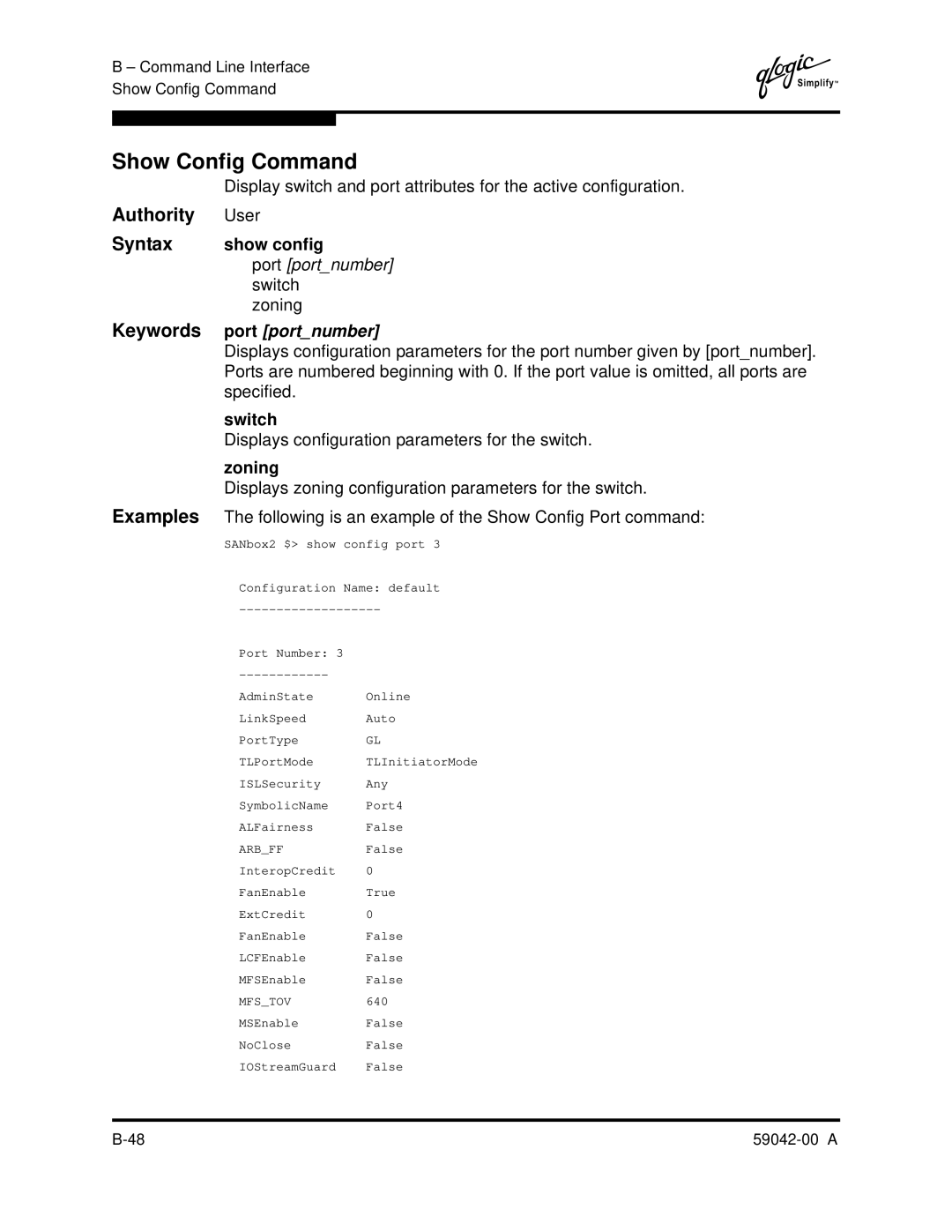 Q-Logic SANBOX2-8C manual Show Config Command, Show config, Specified, Displays configuration parameters for the switch 