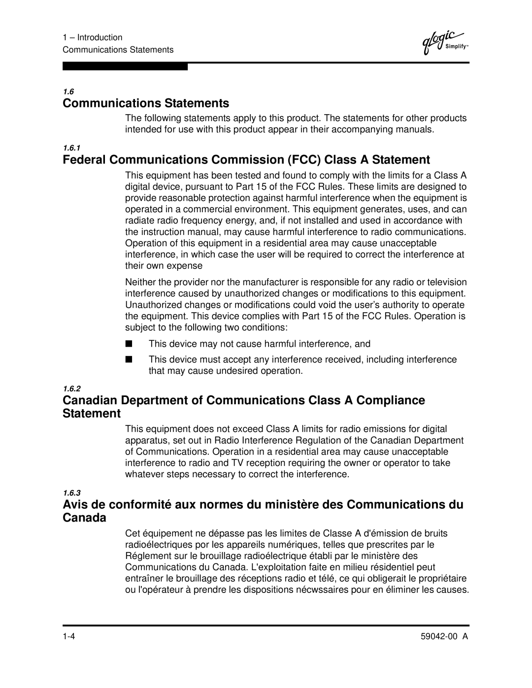 Q-Logic SANBOX2-8C manual Communications Statements, Federal Communications Commission FCC Class a Statement 