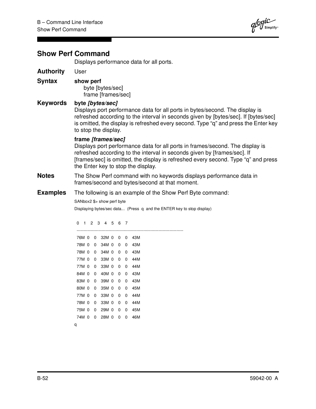 Q-Logic SANBOX2-8C Show Perf Command, Displays performance data for all ports, Syntax show perf, Keywords byte bytes/sec 