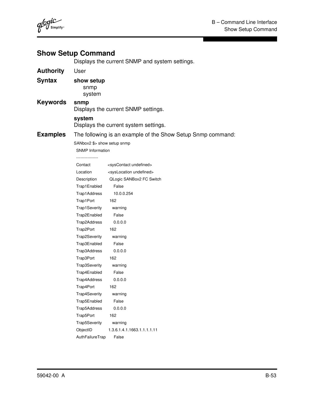 Q-Logic SANBOX2-8C manual Show Setup Command, Show setup 