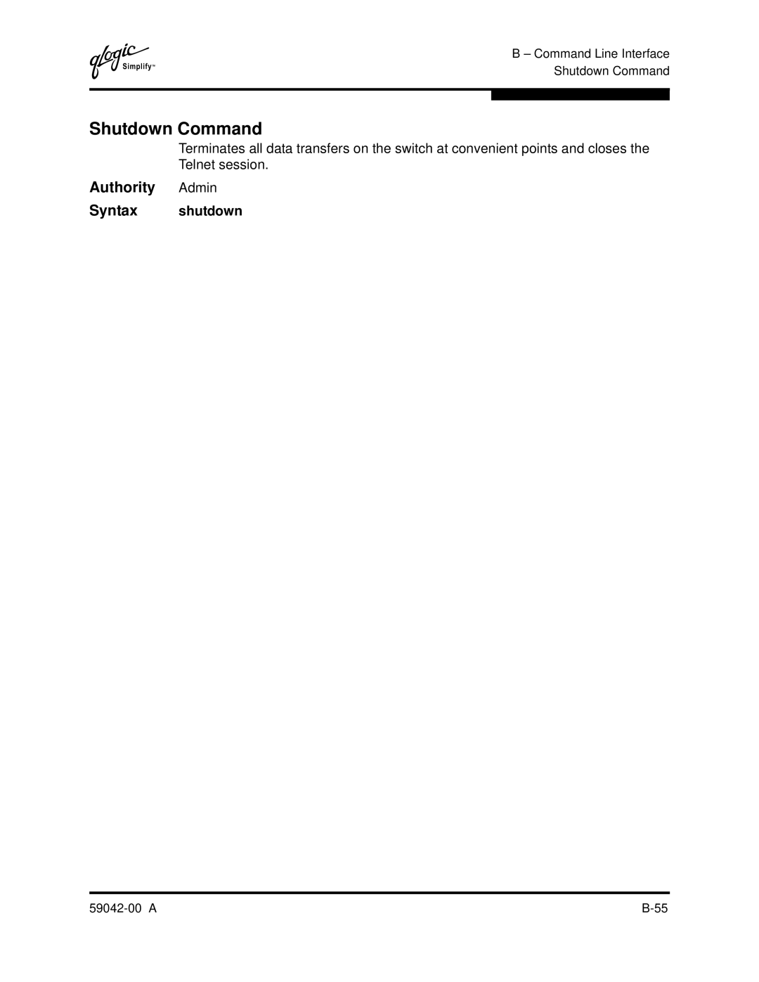 Q-Logic SANBOX2-8C manual Shutdown Command, Syntax shutdown 