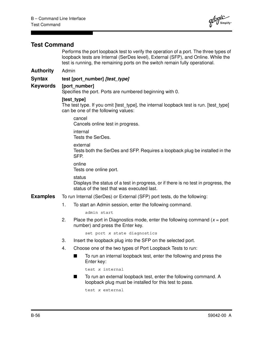 Q-Logic SANBOX2-8C manual Test Command, Syntax test portnumber testtype Keywords portnumber, Testtype 