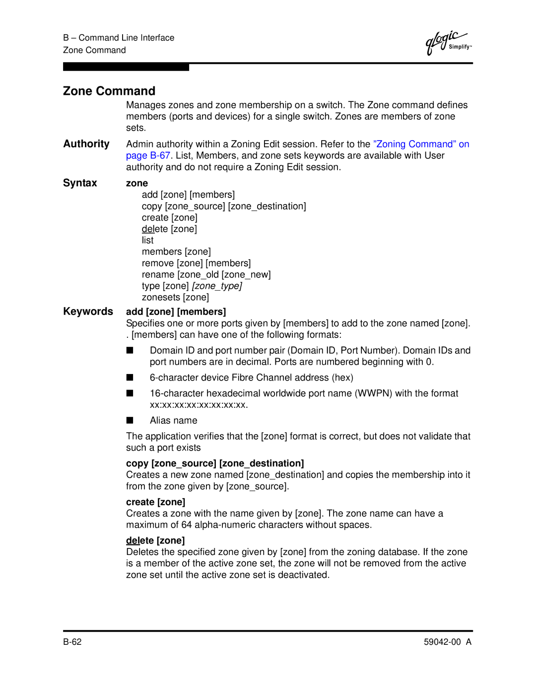 Q-Logic SANBOX2-8C manual Zone Command, Syntax zone 