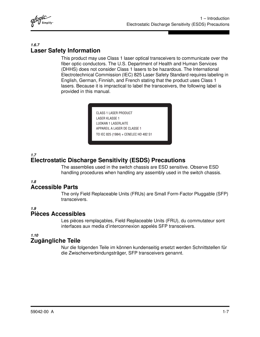 Q-Logic SANBOX2-8C manual Laser Safety Information, Electrostatic Discharge Sensitivity Esds Precautions, Accessible Parts 