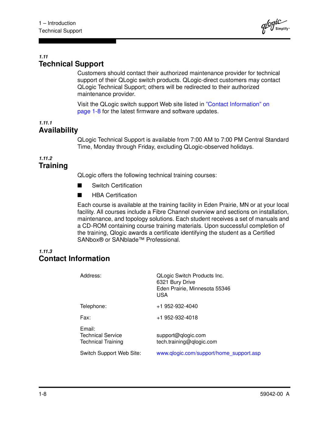 Q-Logic SANBOX2-8C manual Technical Support, Availability, Training, Contact Information 