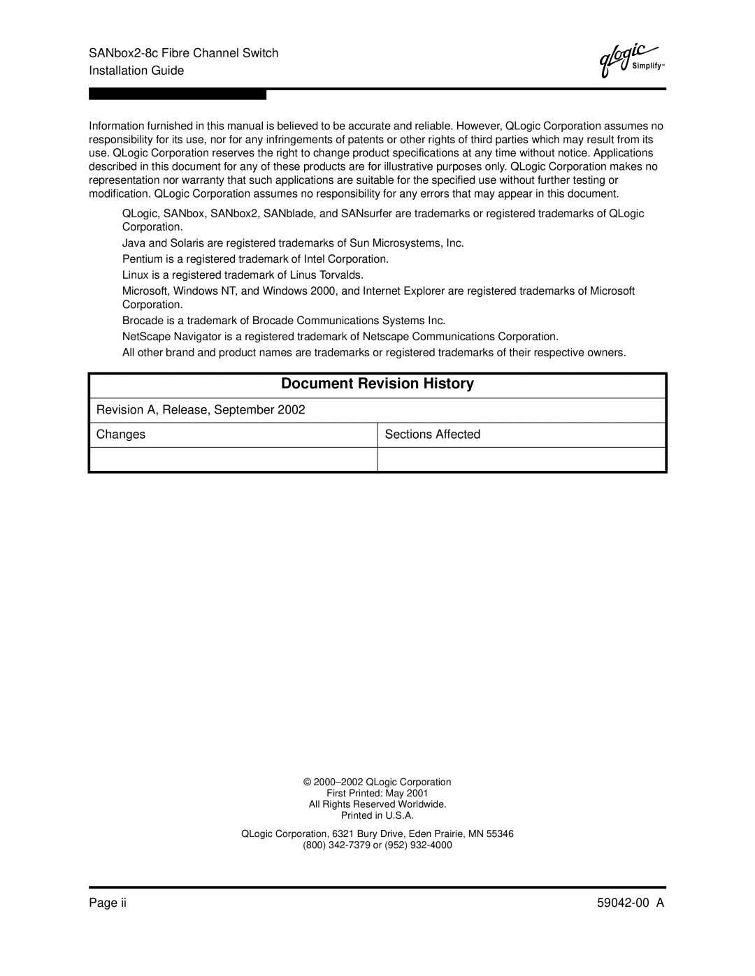 Q-Logic SANBOX2-8C manual Document Revision History, SANbox2-8c Fibre Channel Switch Installation Guide 