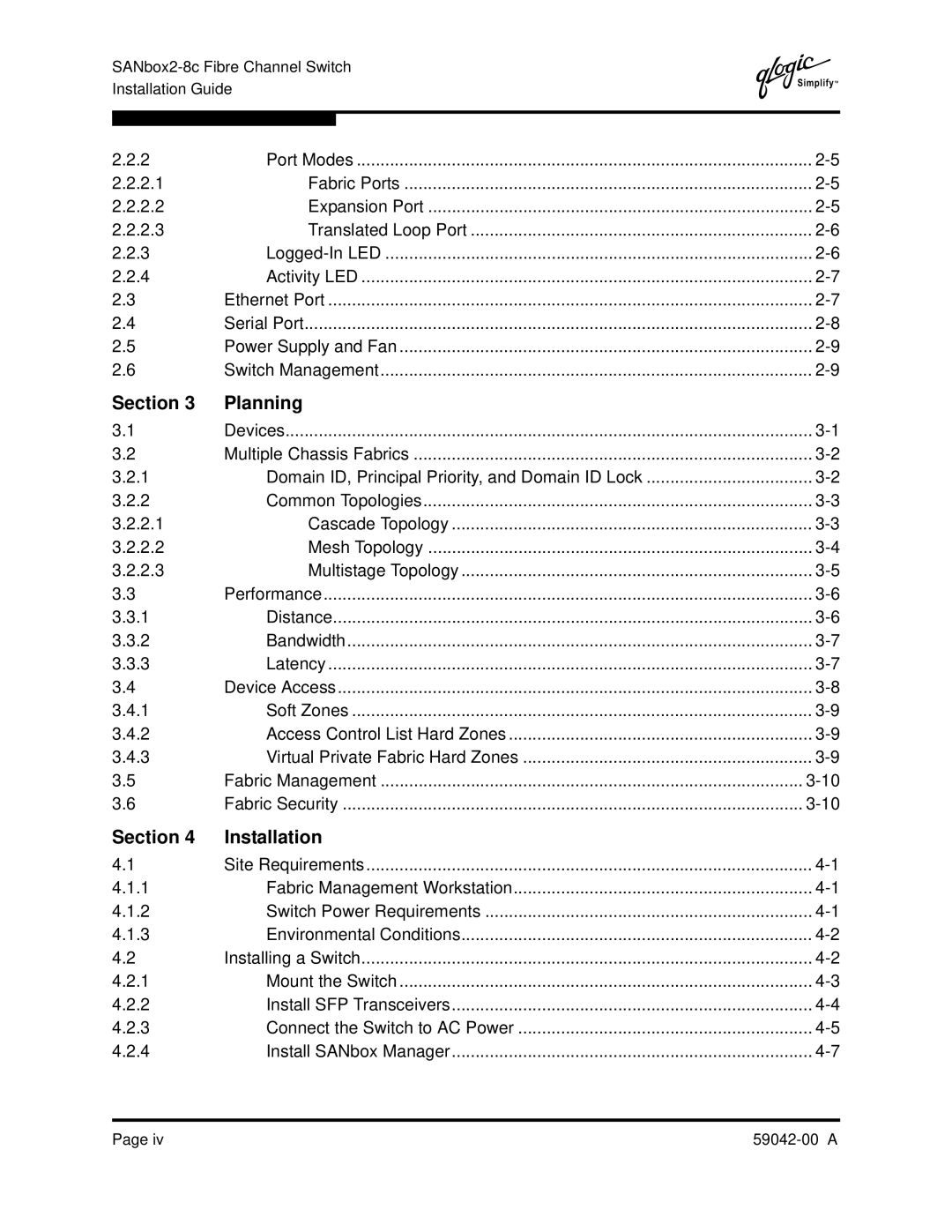 Q-Logic SANBOX2-8C manual Section Planning, Section Installation 