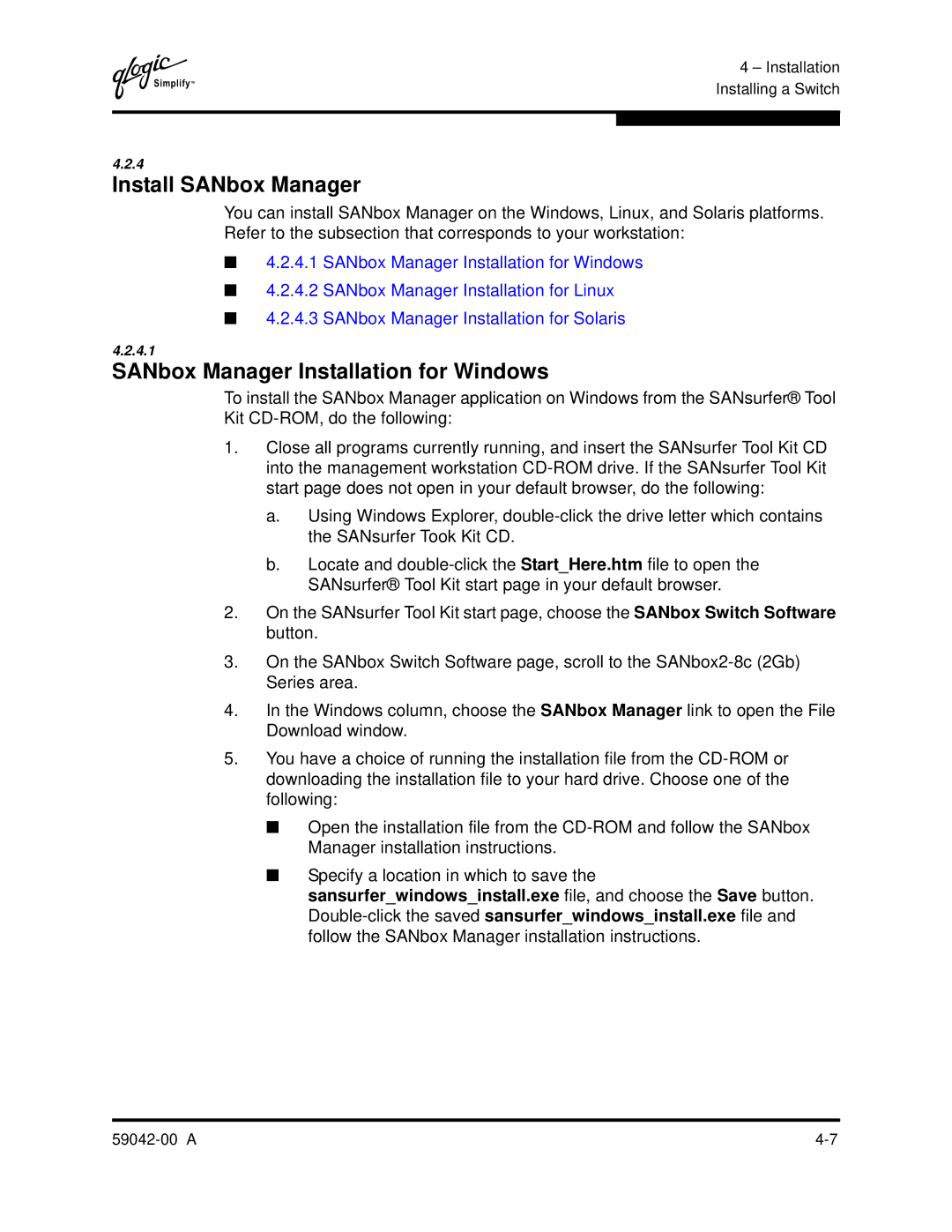 Q-Logic SANBOX2-8C manual Install SANbox Manager, SANbox Manager Installation for Windows 