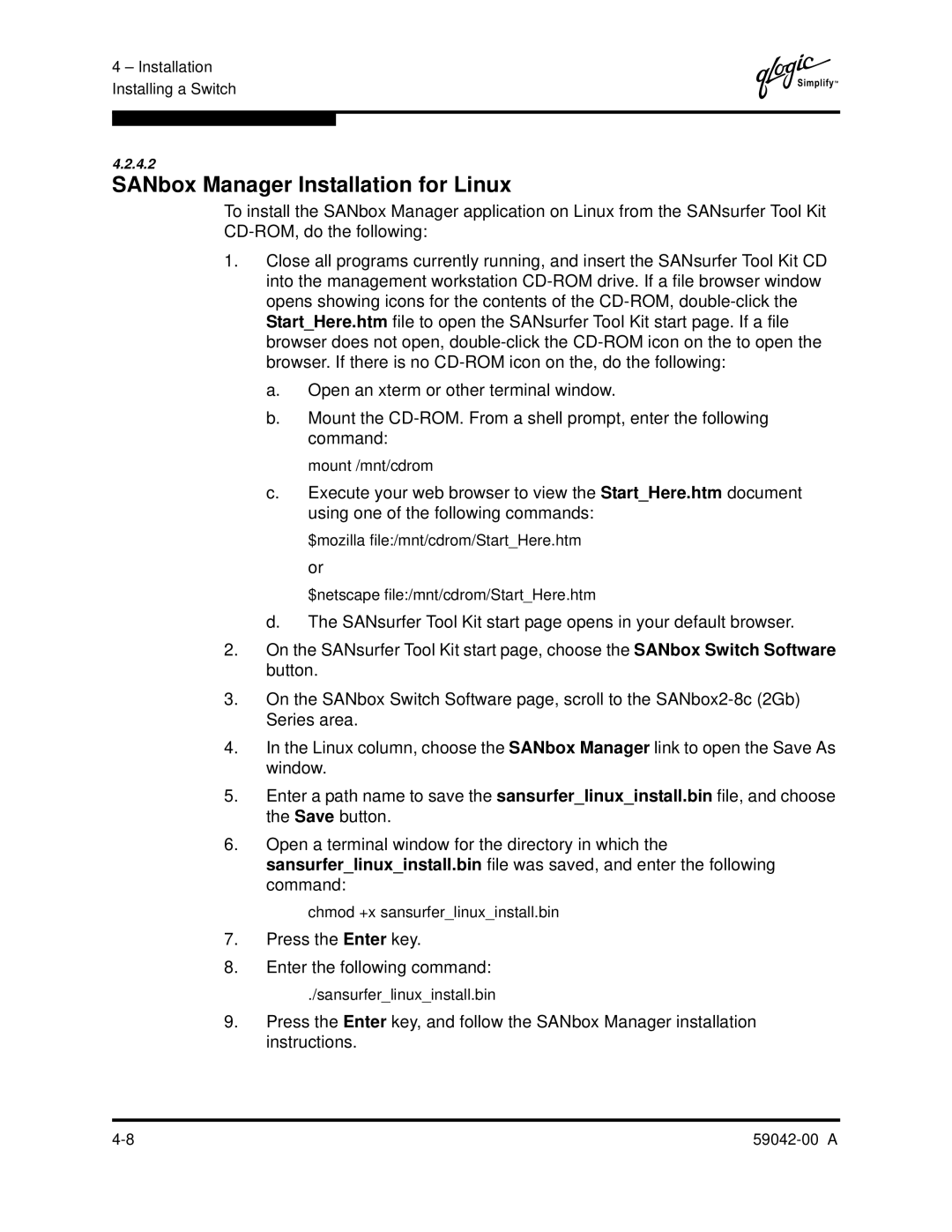 Q-Logic SANBOX2-8C manual SANbox Manager Installation for Linux, Press the Enter key Enter the following command 