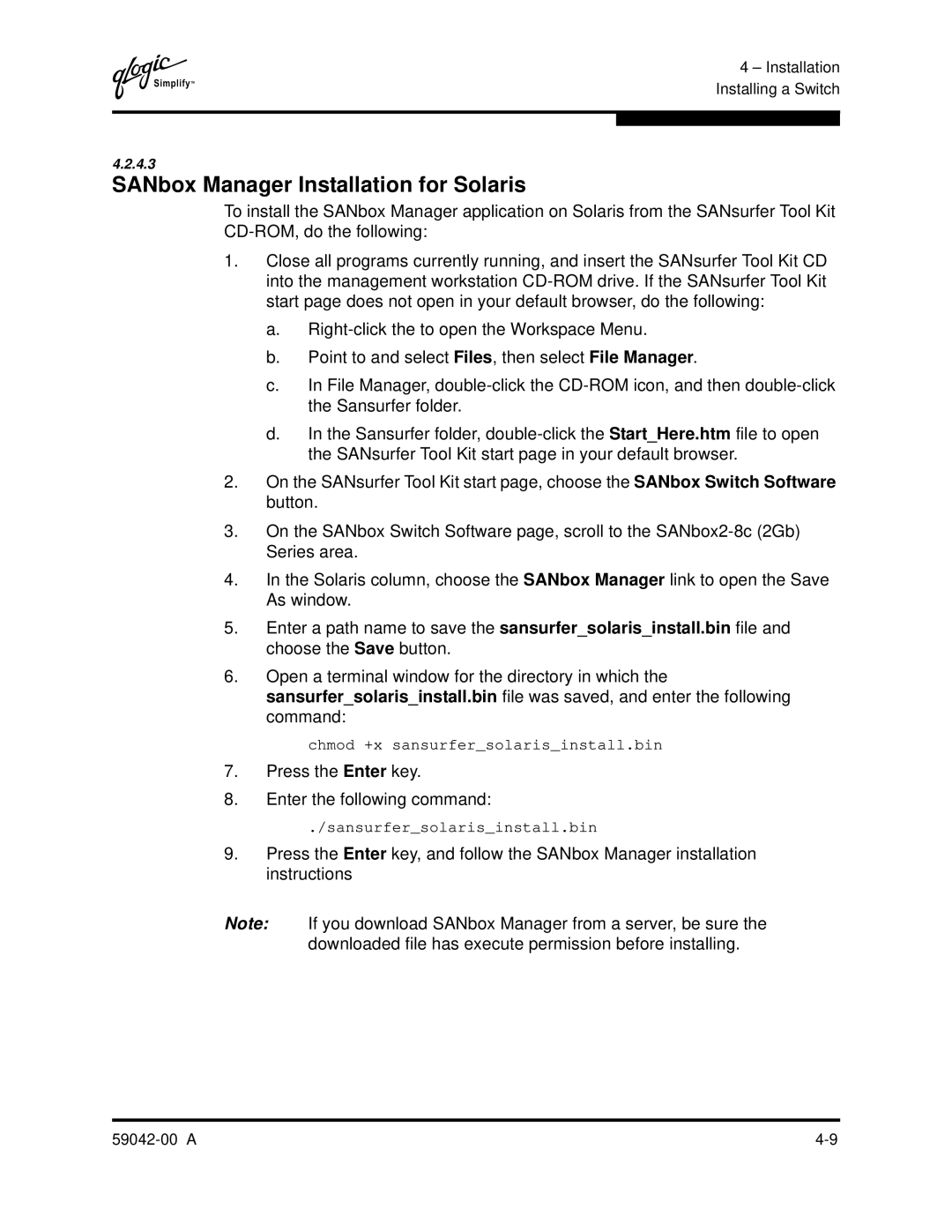 Q-Logic SANBOX2-8C manual SANbox Manager Installation for Solaris 