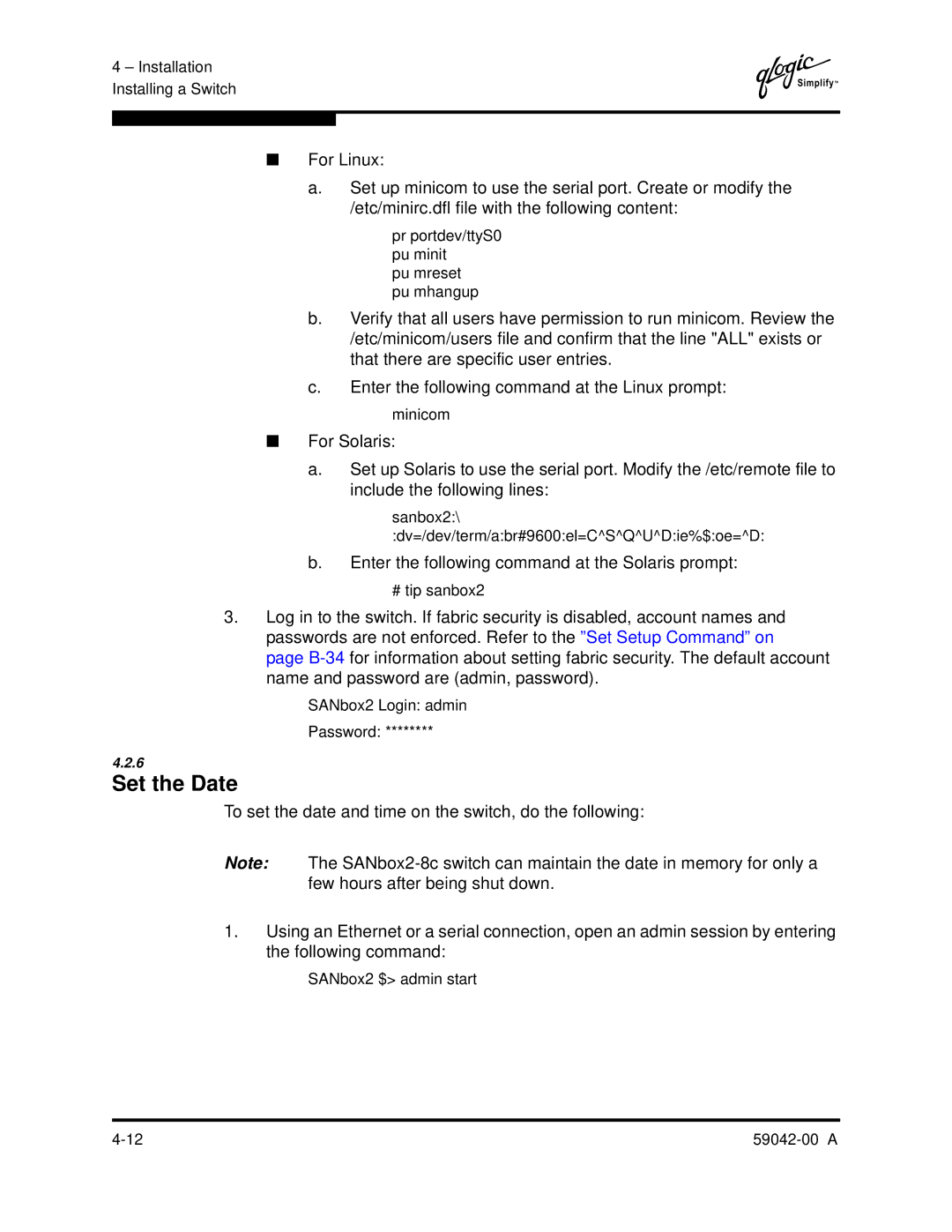 Q-Logic SANBOX2-8C manual Set the Date, Enter the following command at the Solaris prompt 