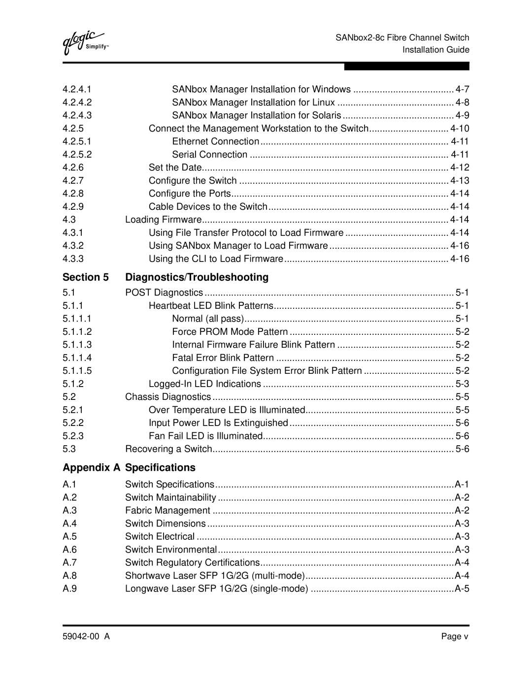 Q-Logic SANBOX2-8C manual Section Diagnostics/Troubleshooting, Appendix a Specifications 