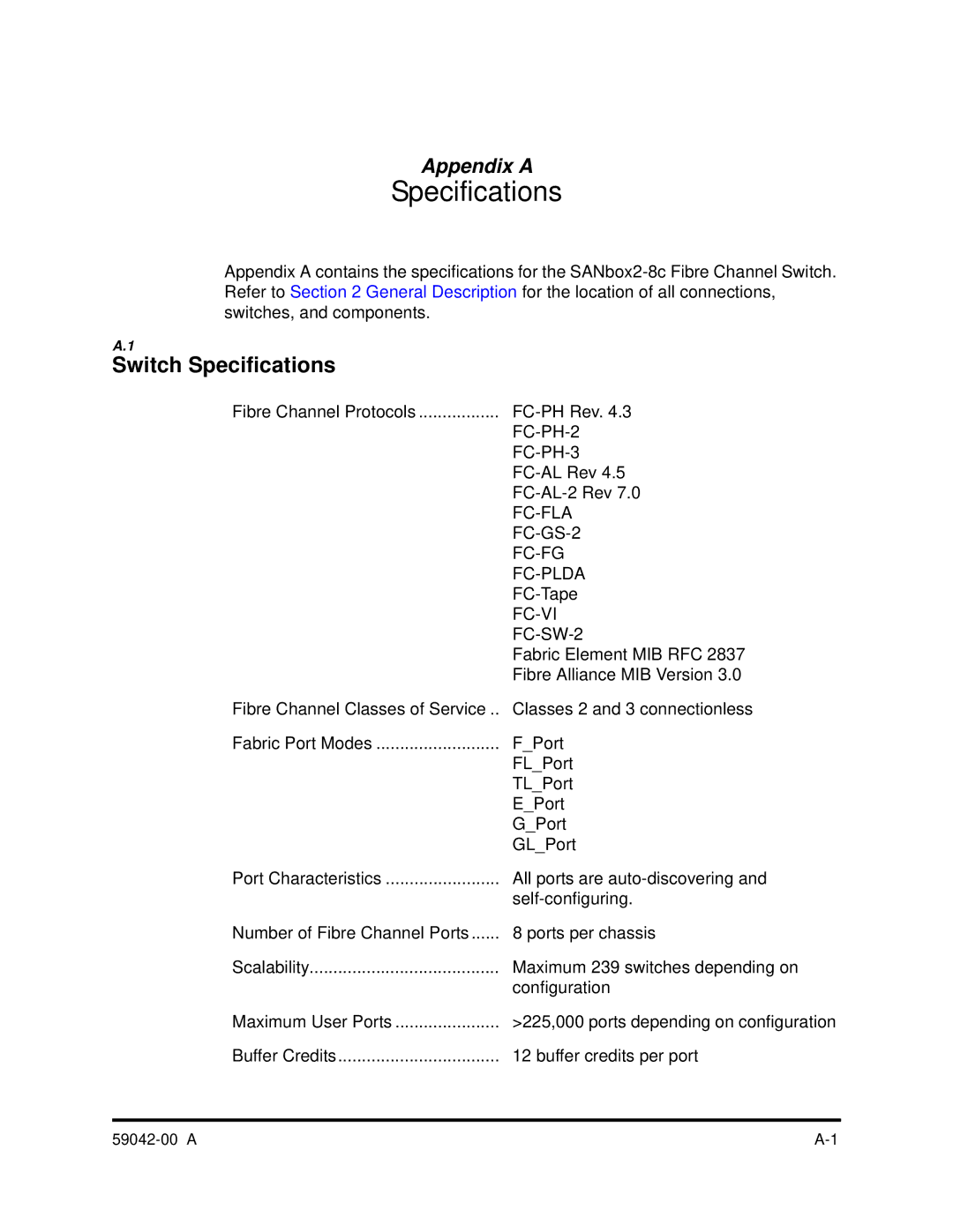 Q-Logic SANBOX2-8C manual Switch Specifications 