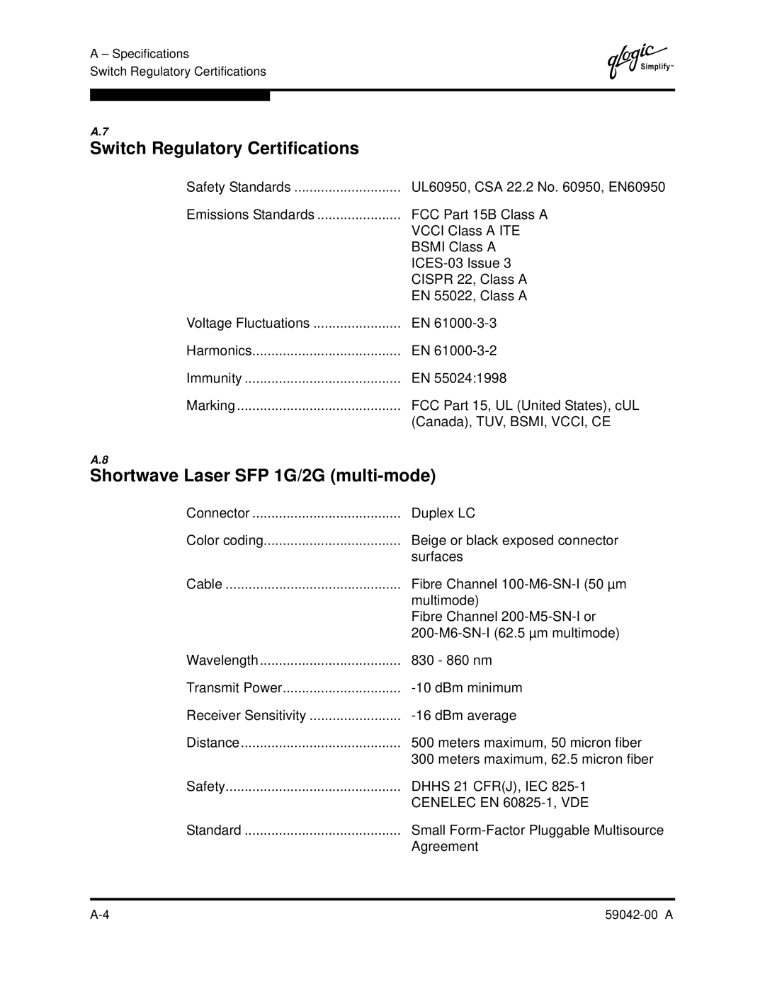 Q-Logic SANBOX2-8C manual Switch Regulatory Certifications, Shortwave Laser SFP 1G/2G multi-mode 