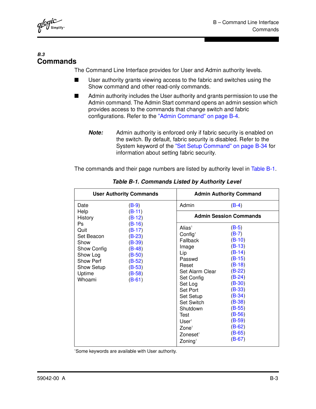 Q-Logic SANBOX2-8C manual Table B-1. Commands Listed by Authority Level 