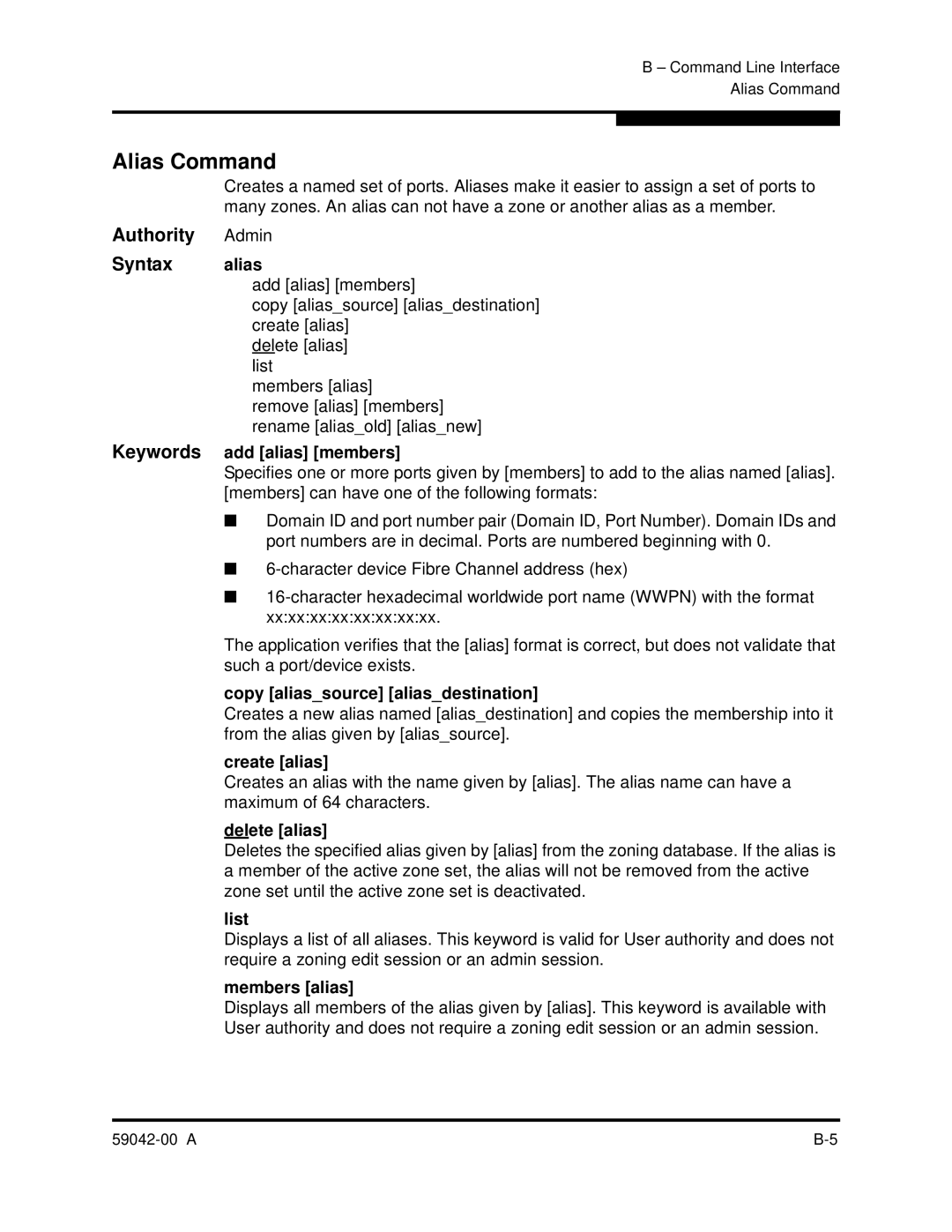 Q-Logic SANBOX2-8C manual Alias Command, Authority Admin Syntax alias 