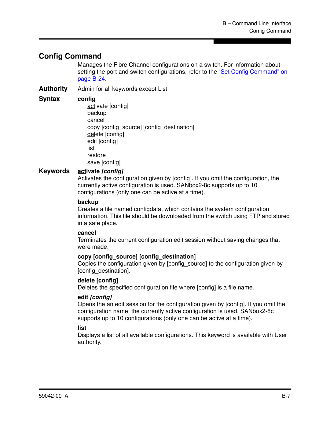 Q-Logic SANBOX2-8C manual Config Command, Syntax config, Keywords activate config, Edit config 