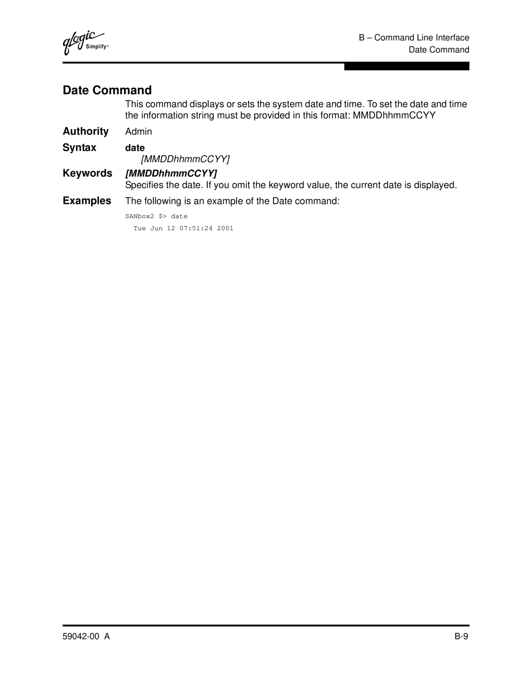 Q-Logic SANBOX2-8C manual Date Command, Authority Admin Syntax date, Keywords MMDDhhmmCCYY 