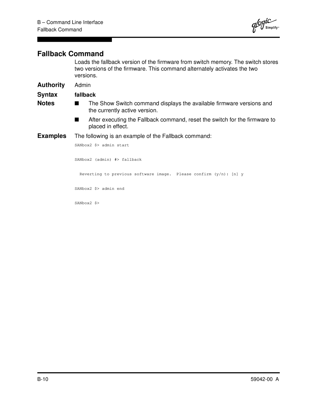 Q-Logic SANBOX2-8C manual Fallback Command, Authority, Syntax, Examples 