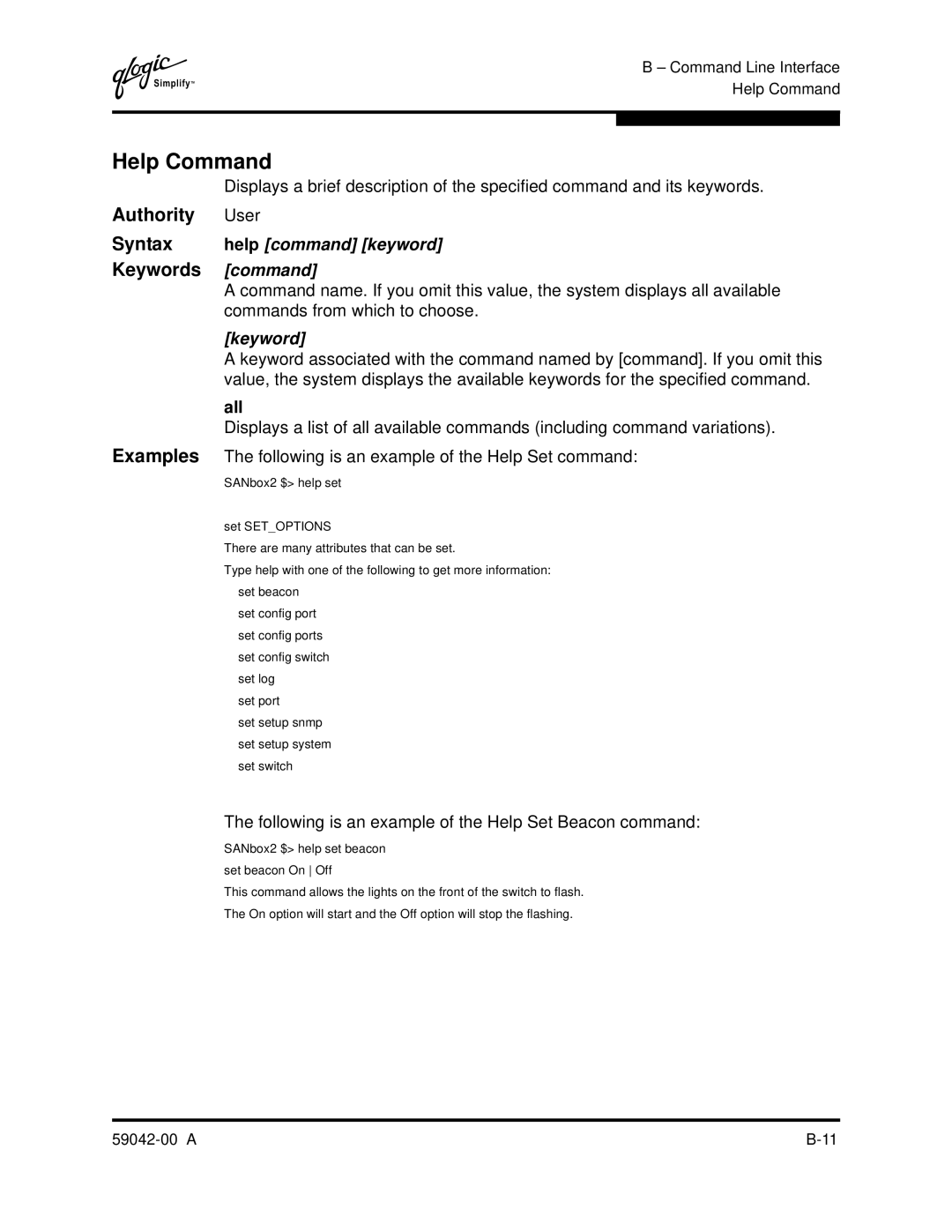 Q-Logic SANBOX2-8C manual Help Command, Keywords, Help command keyword 