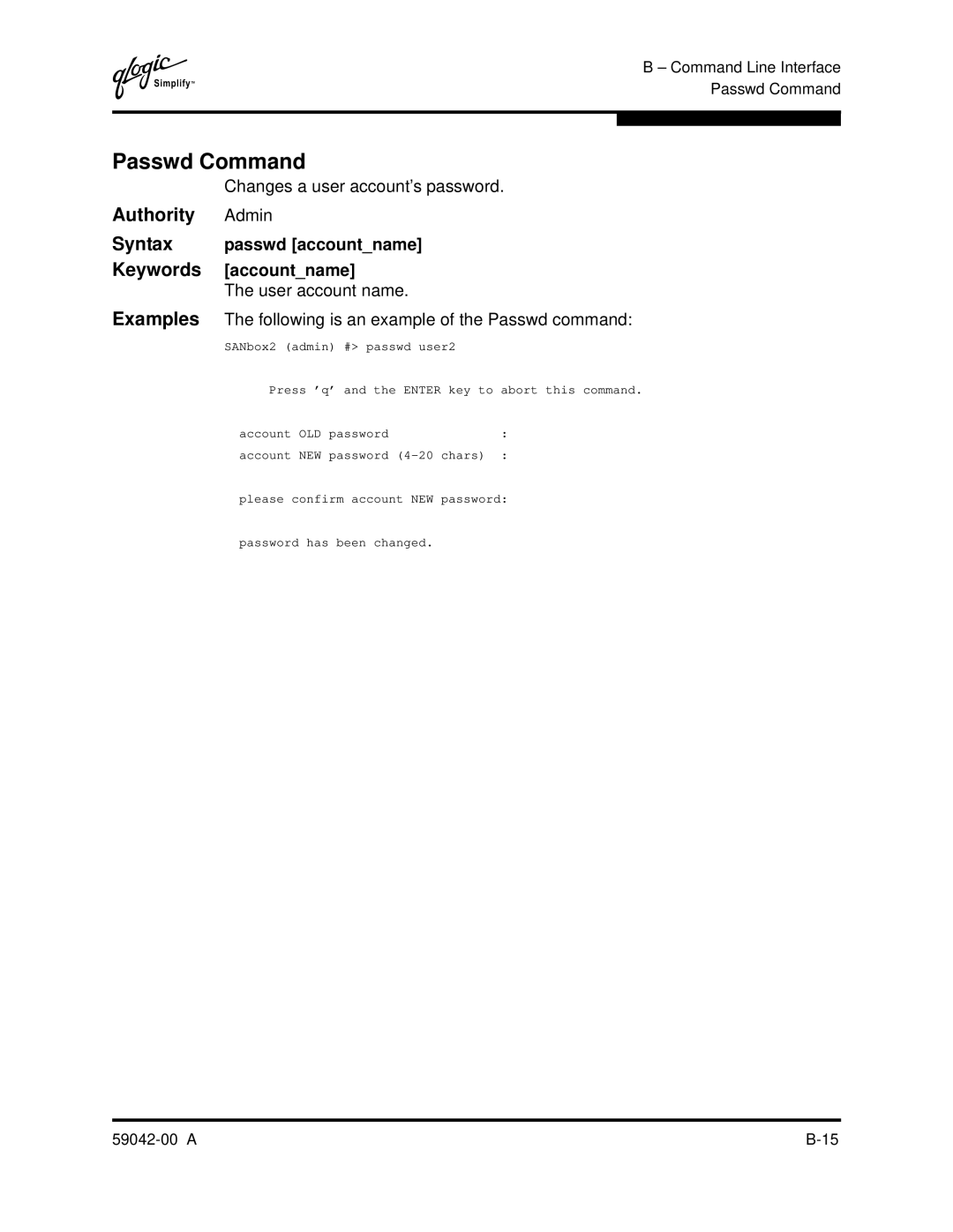 Q-Logic SANBOX2-8C manual Passwd Command, Admin, Passwd accountname, Accountname, User account name 