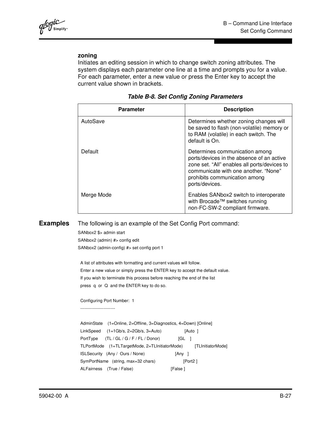 Q-Logic SANBOX2-8C manual Table B-8. Set Config Zoning Parameters, With formatting and current values will follow 