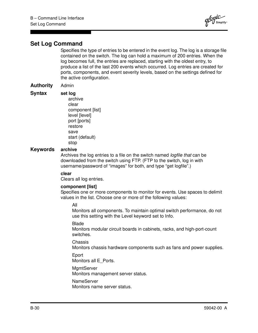 Q-Logic SANBOX2-8C manual Set Log Command, Set log, Archive, Clear, Component list 