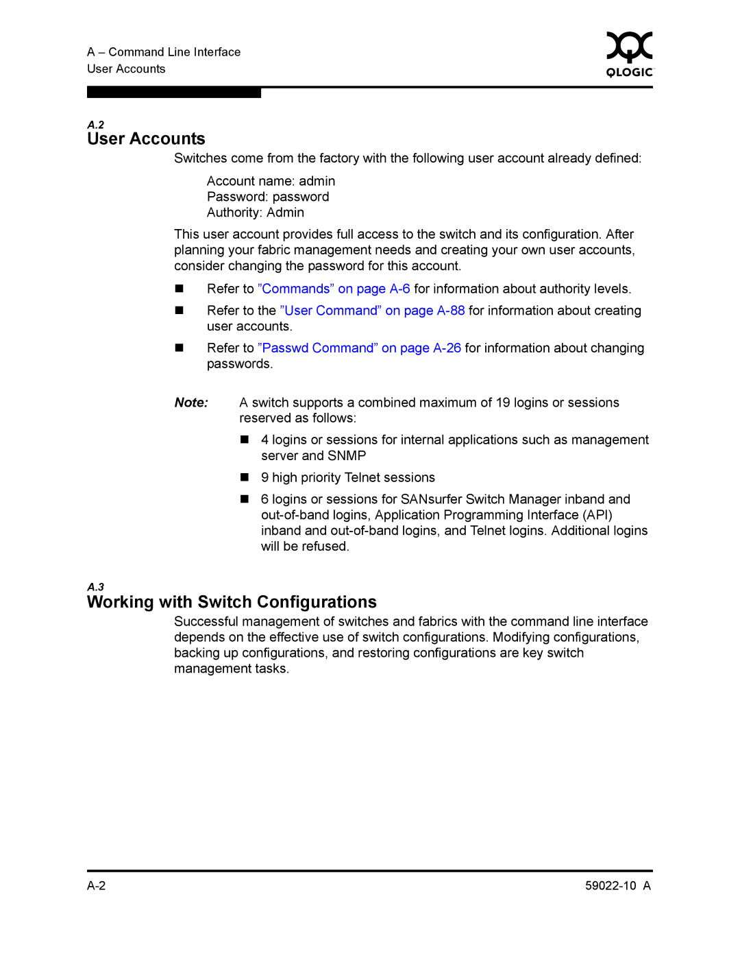 Q-Logic SANBOX2-8C/16 manual User Accounts, Working with Switch Configurations 