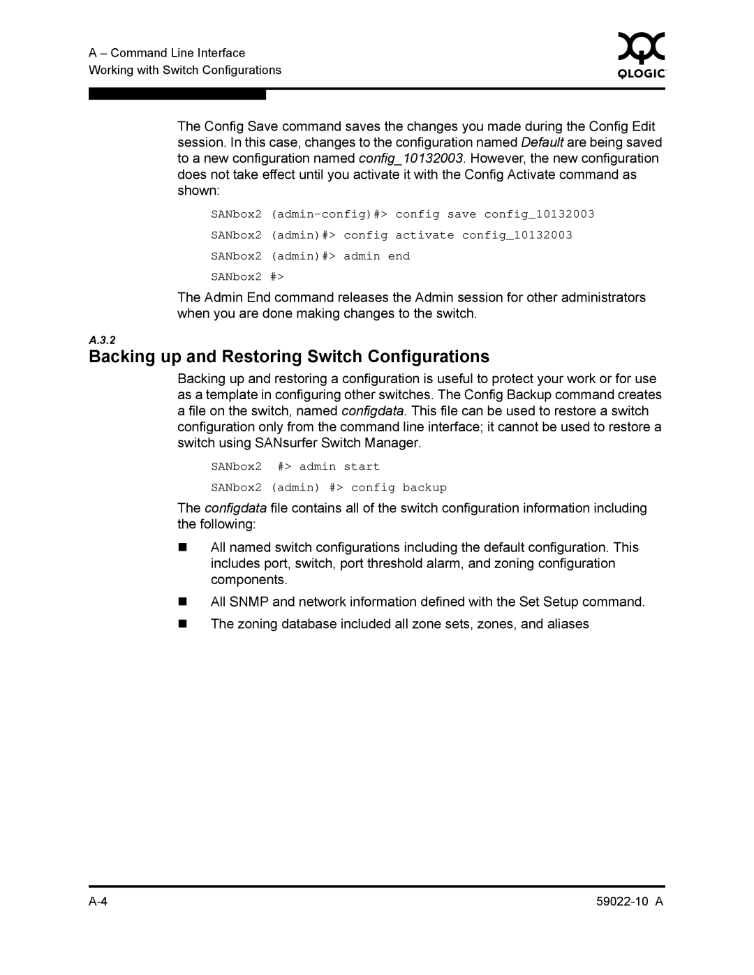 Q-Logic SANBOX2-8C/16 manual Backing up and Restoring Switch Configurations 