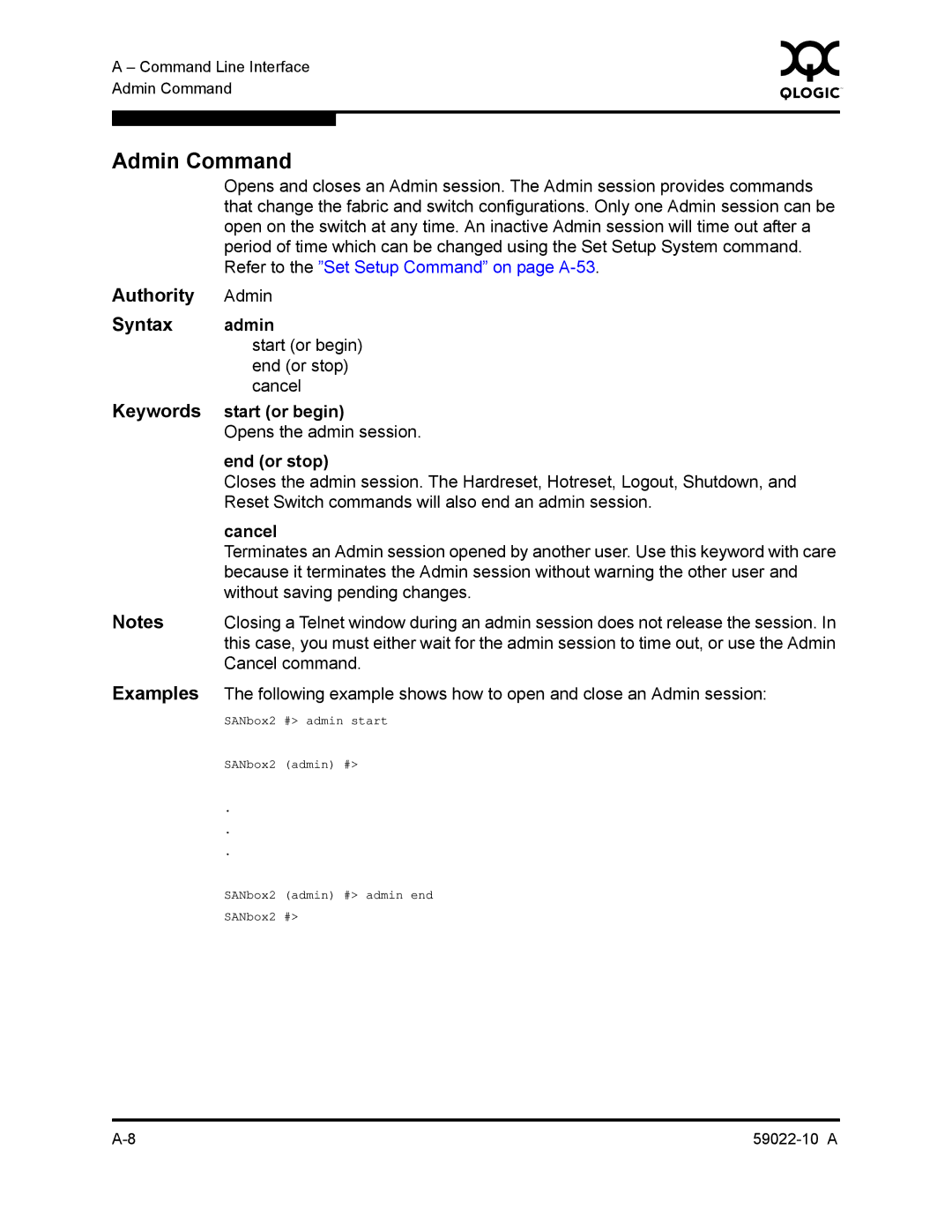 Q-Logic SANBOX2-8C/16 manual Admin Command, Authority, Syntax, Keywords, Examples 