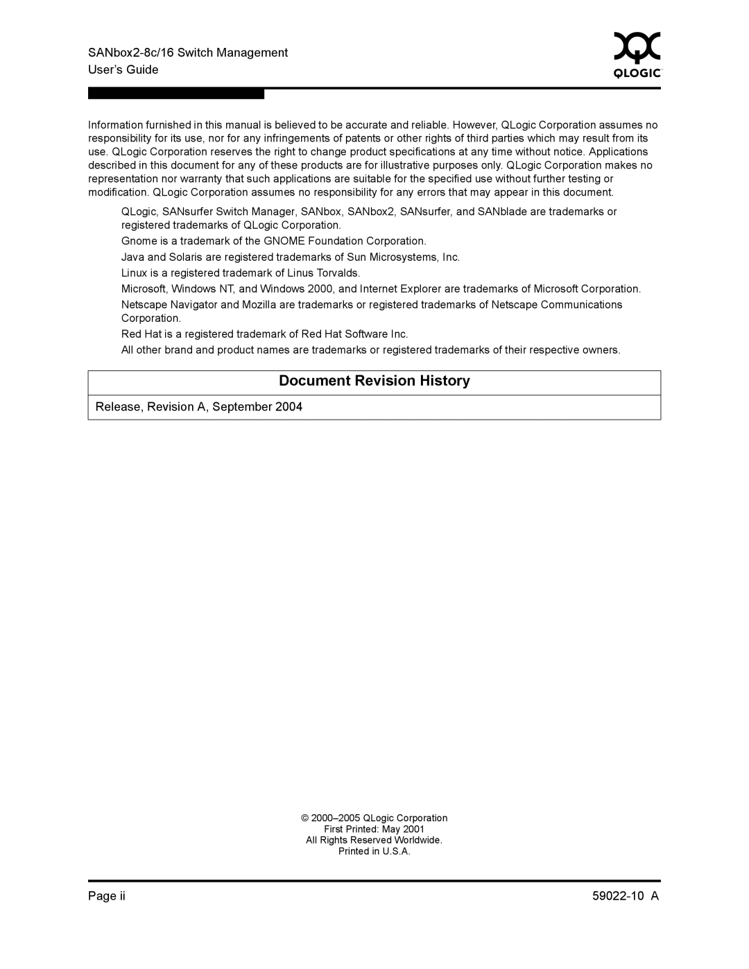 Q-Logic SANBOX2-8C/16 manual Document Revision History, SANbox2-8c/16 Switch Management User’s Guide 