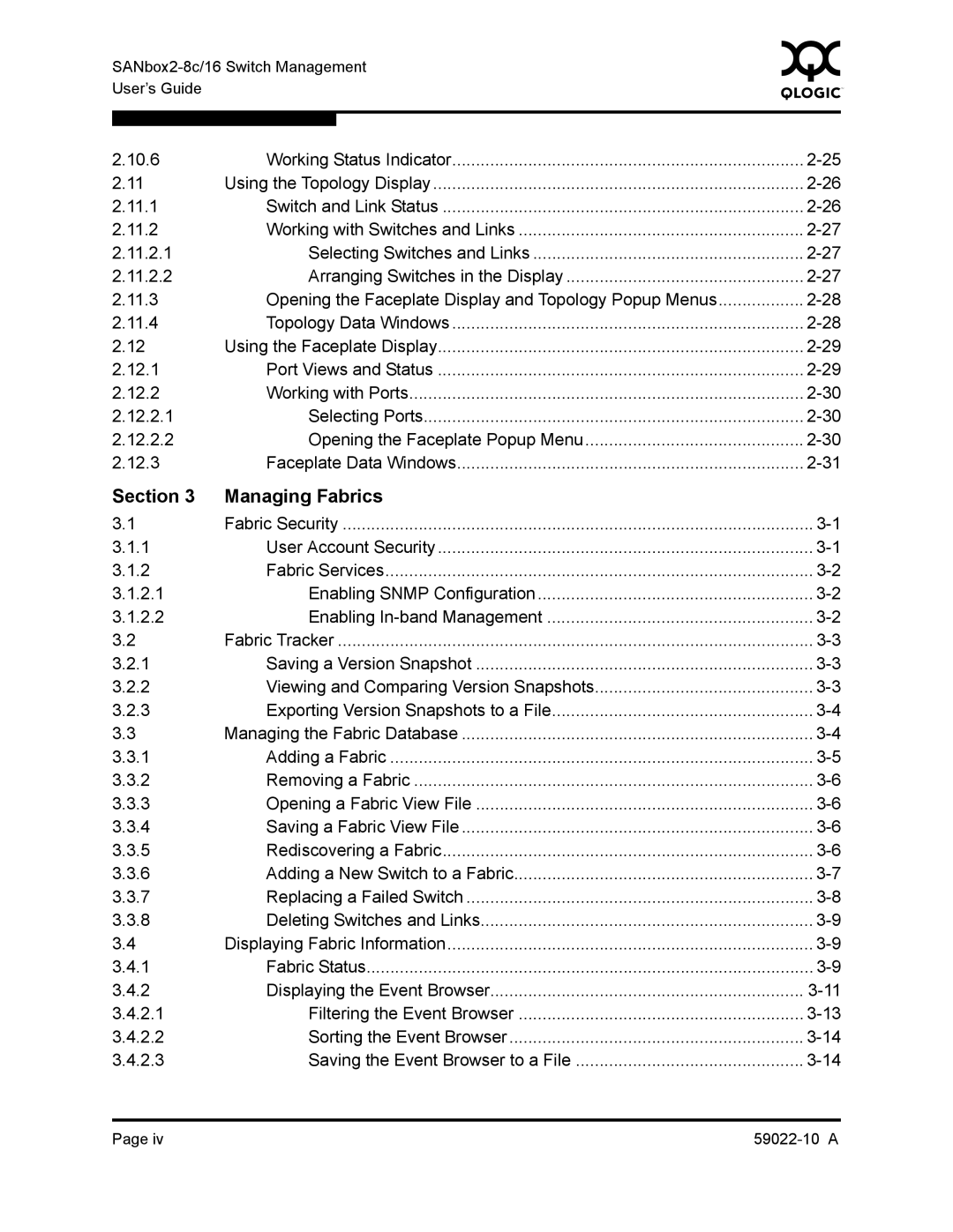 Q-Logic SANBOX2-8C/16 manual Section Managing Fabrics 