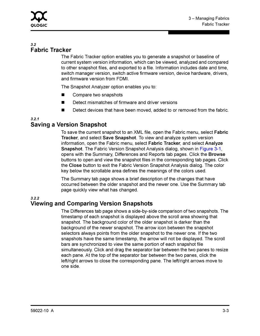 Q-Logic SANBOX2-8C/16 manual Fabric Tracker, Saving a Version Snapshot, Viewing and Comparing Version Snapshots 