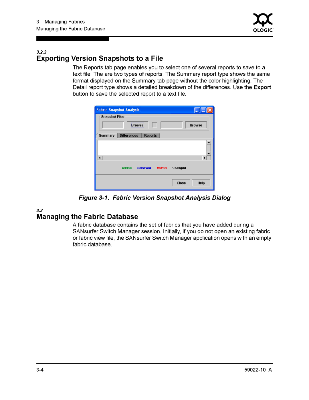 Q-Logic SANBOX2-8C/16 manual Exporting Version Snapshots to a File, Managing the Fabric Database 