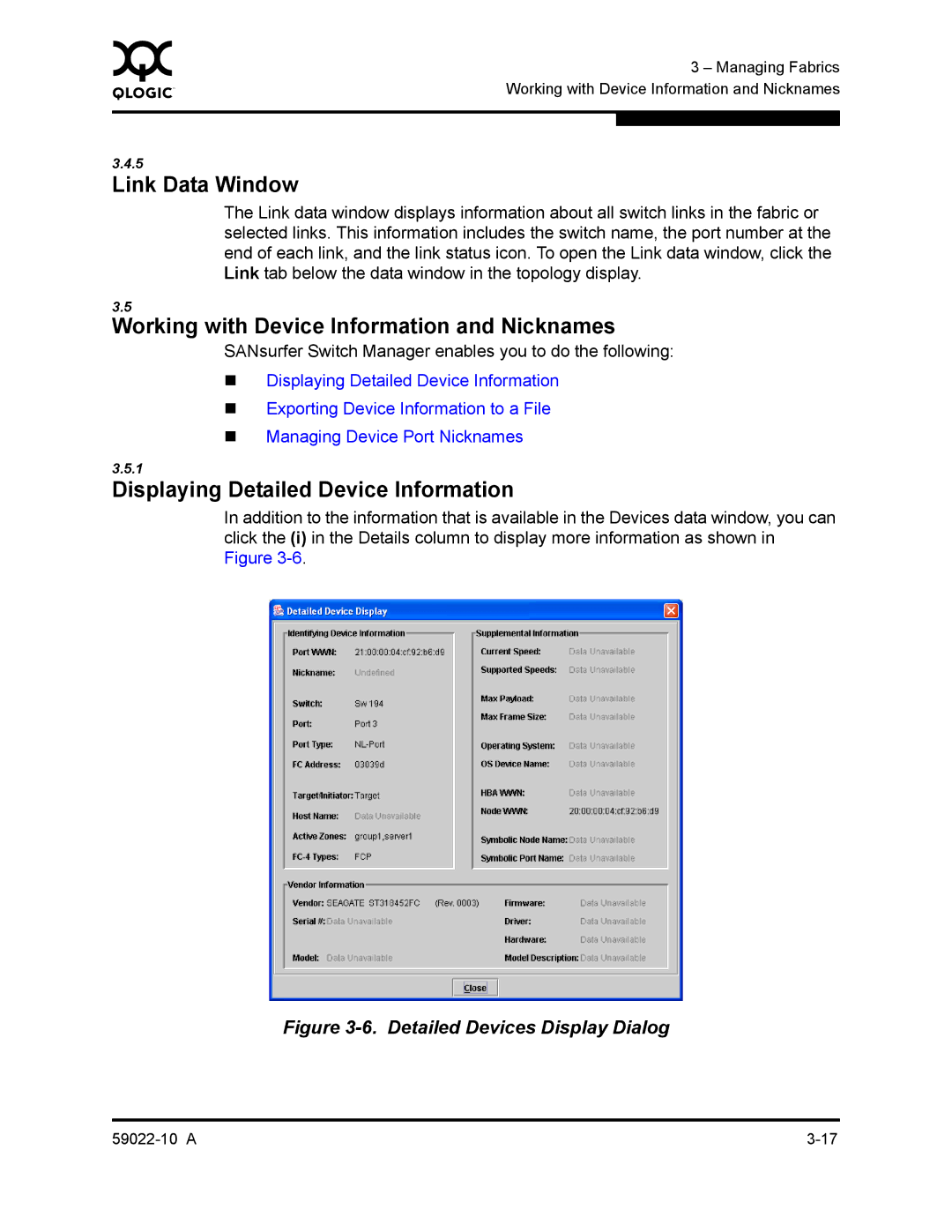 Q-Logic SANBOX2-8C/16 manual Link Data Window, Working with Device Information and Nicknames 