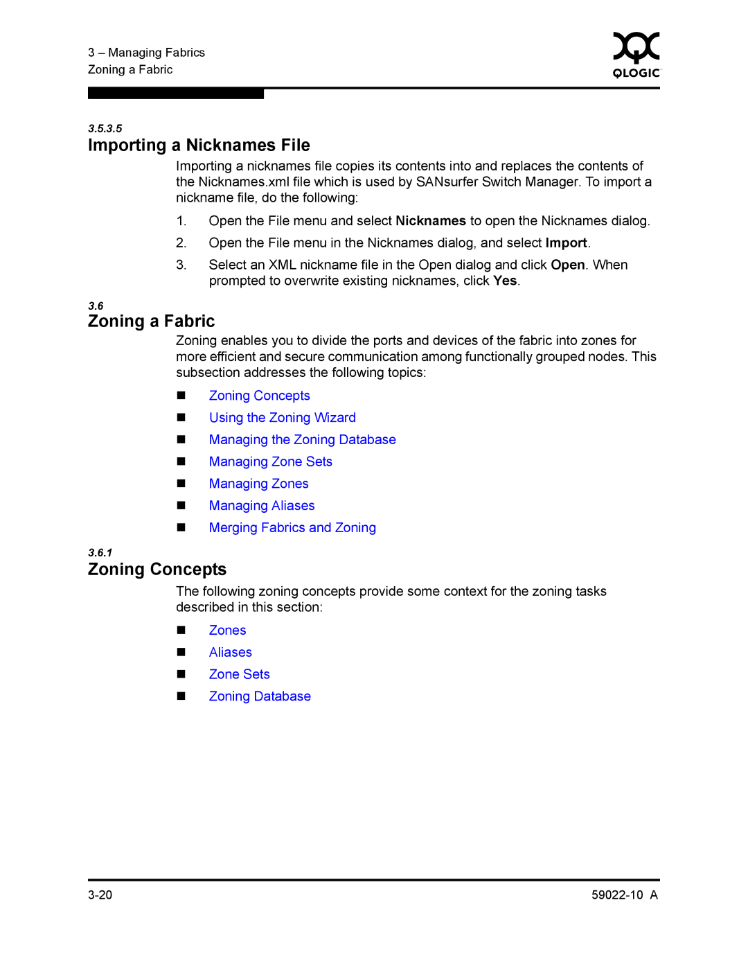 Q-Logic SANBOX2-8C/16 manual Importing a Nicknames File, Zoning a Fabric, Zoning Concepts 