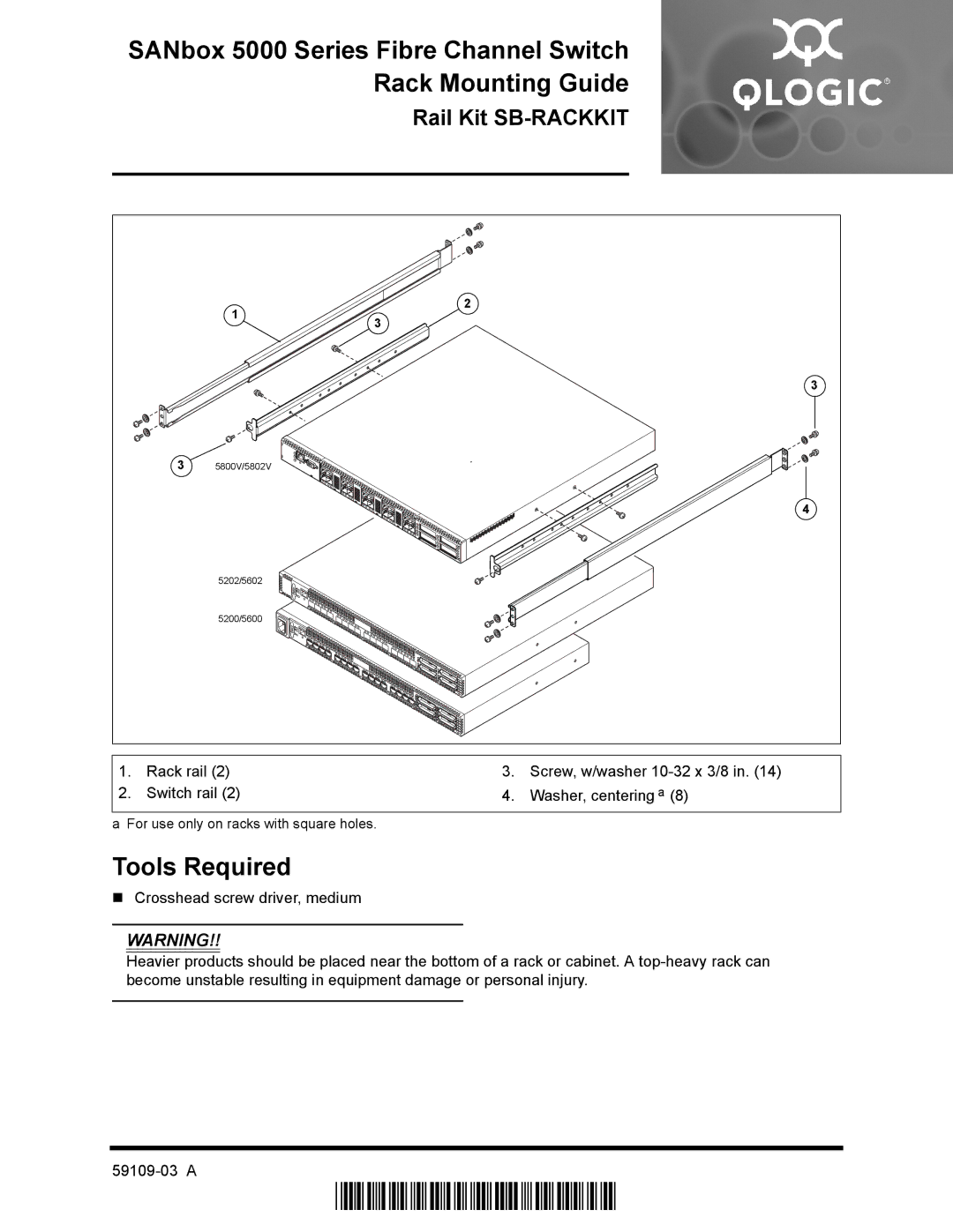 Q-Logic SB-RACKKIT manual 59109-03 a, SANbox 5000 Series Fibre Channel Switch Rack Mounting Guide, Tools Required 