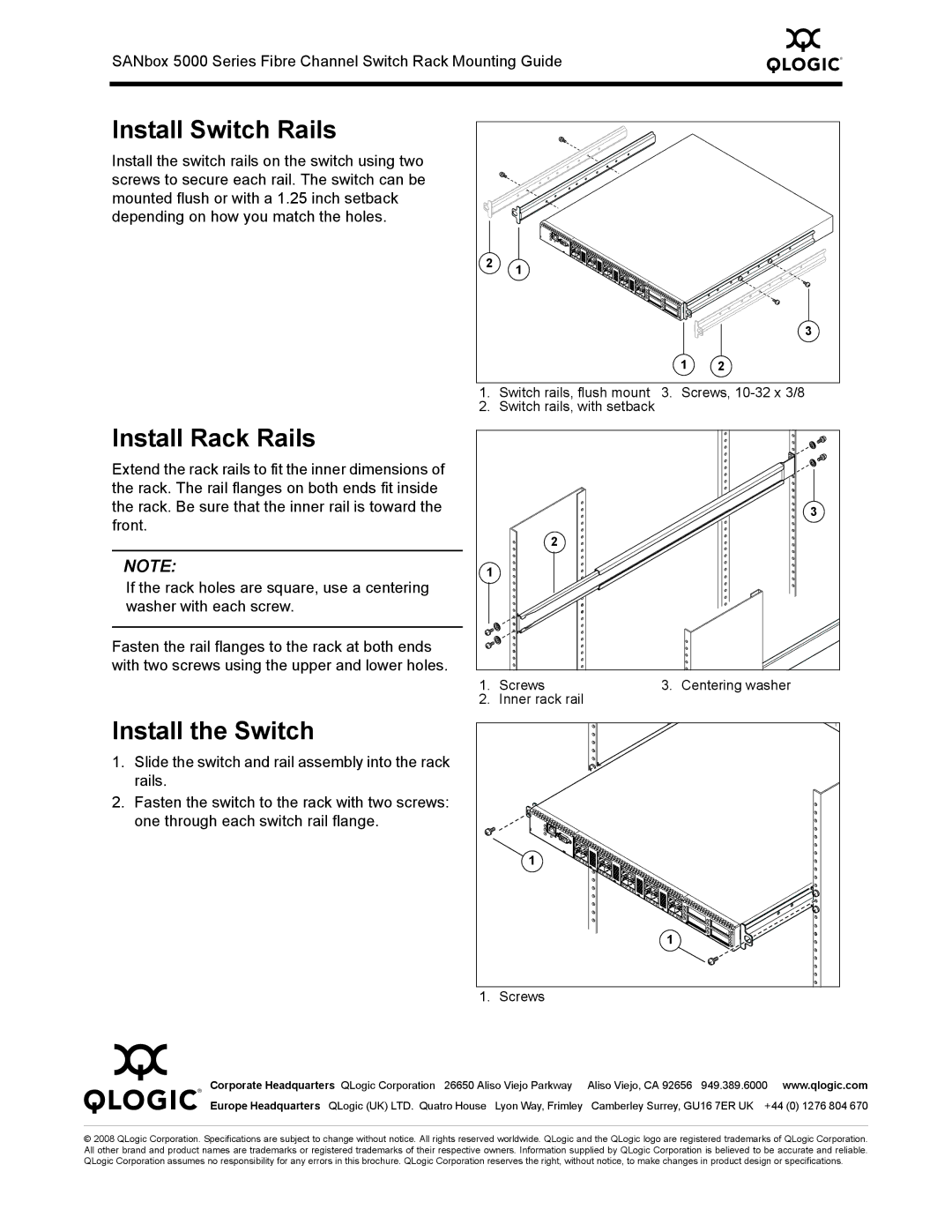 Q-Logic SB-RACKKIT manual Install Switch Rails, Install Rack Rails, Install the Switch 