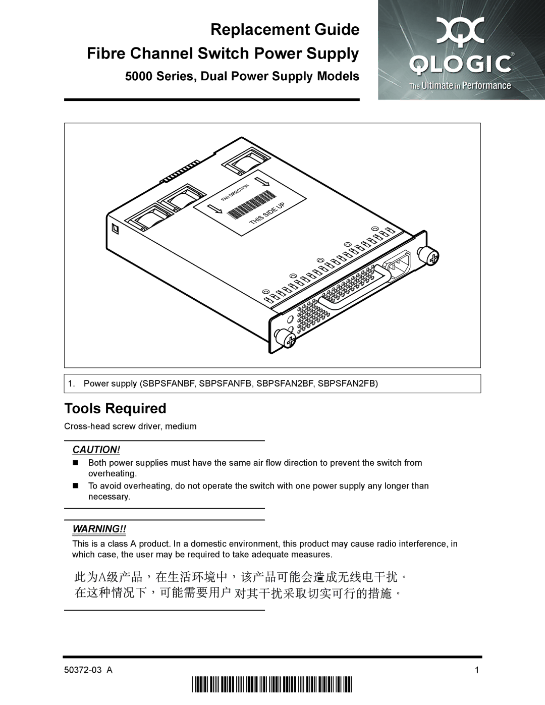 Q-Logic SBPSFAN2FB, SBPSFANFB, SBPSFAN2BF manual Replacement Guide Fibre Channel Switch Power Supply, Tools Required 