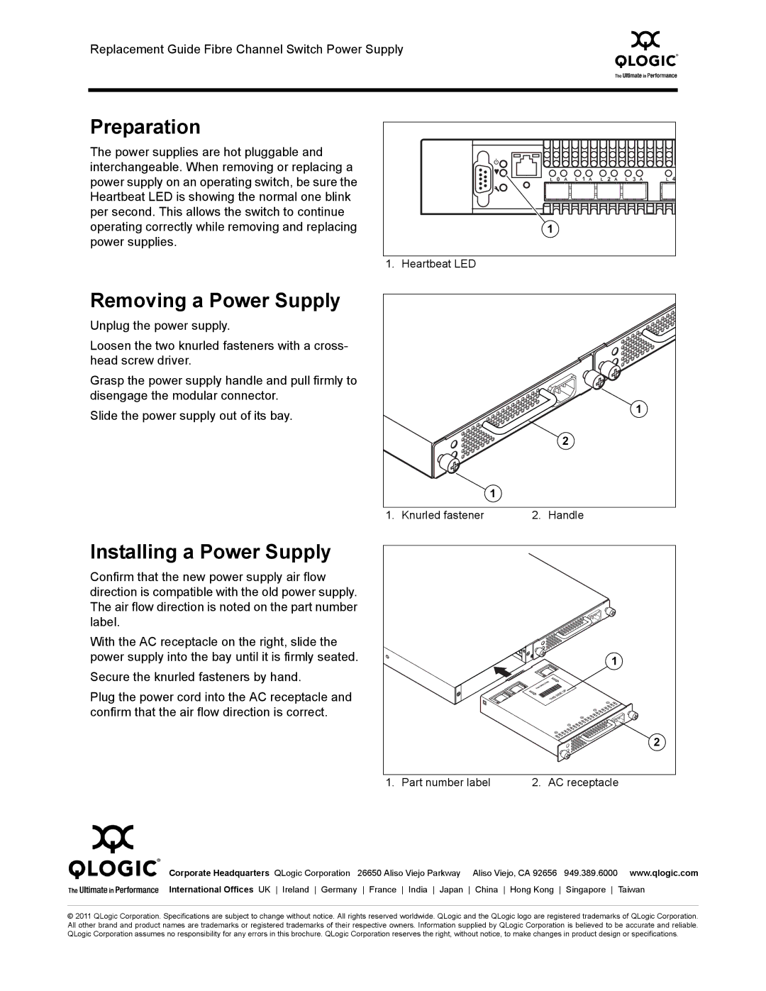 Q-Logic SBPSFAN2BF, SBPSFANFB, SBPSFAN2FB, 50372-03 A manual Preparation, Removing a Power Supply, Installing a Power Supply 