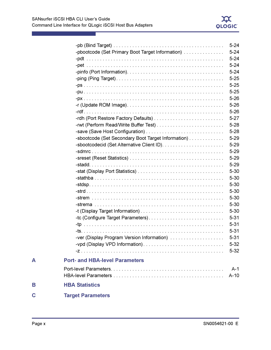 Q-Logic SN0054621-00 E manual HBA Statistics Target Parameters, Port-level Parameters HBA-level Parameters 