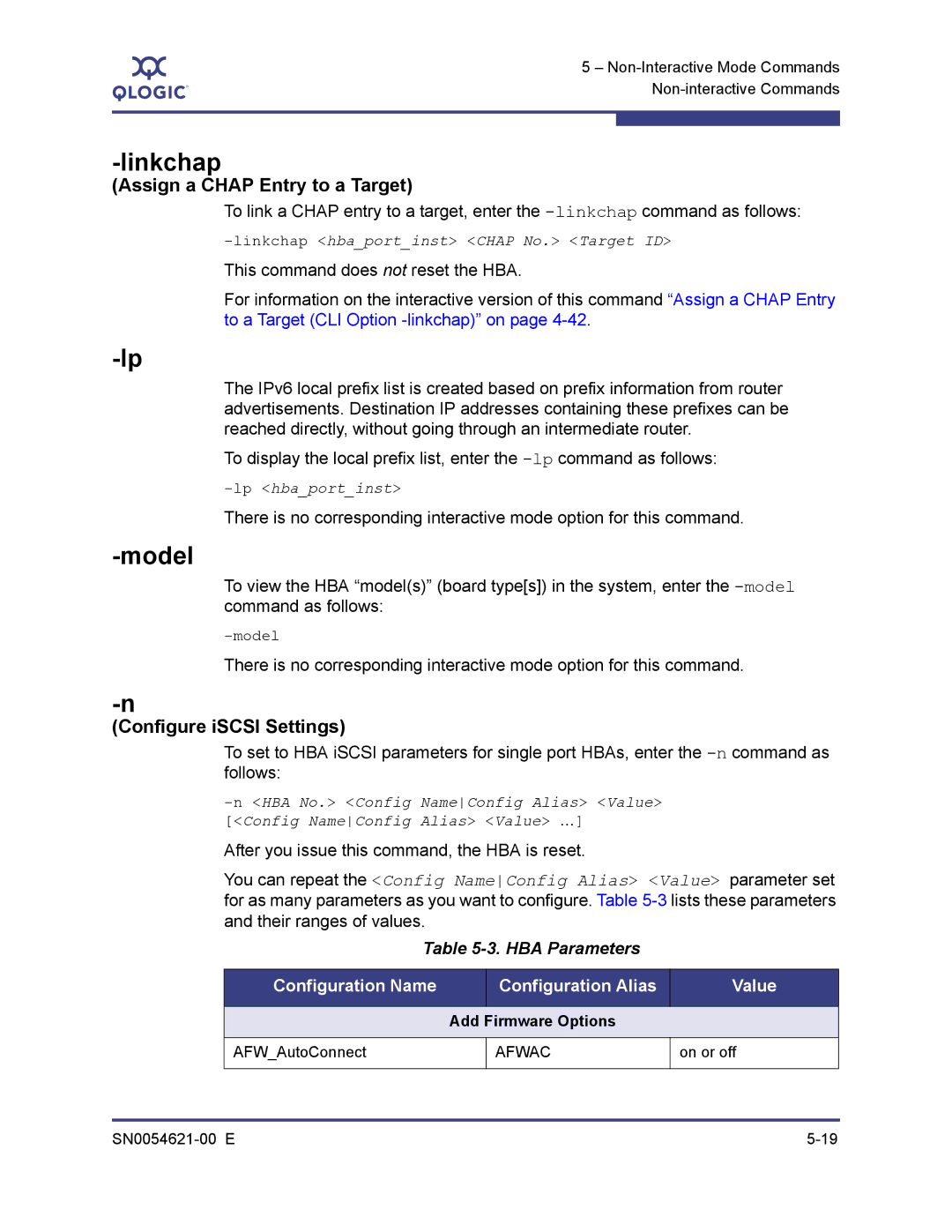 Q-Logic SN0054621-00 E manual Linkchap, Model, HBA Parameters, Configuration Name Configuration Alias Value, Afwac 