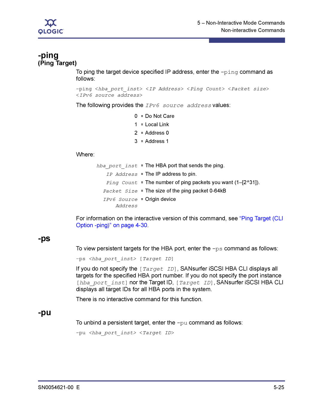 Q-Logic SN0054621-00 E manual Ping, Following provides the IPv6 source address values 