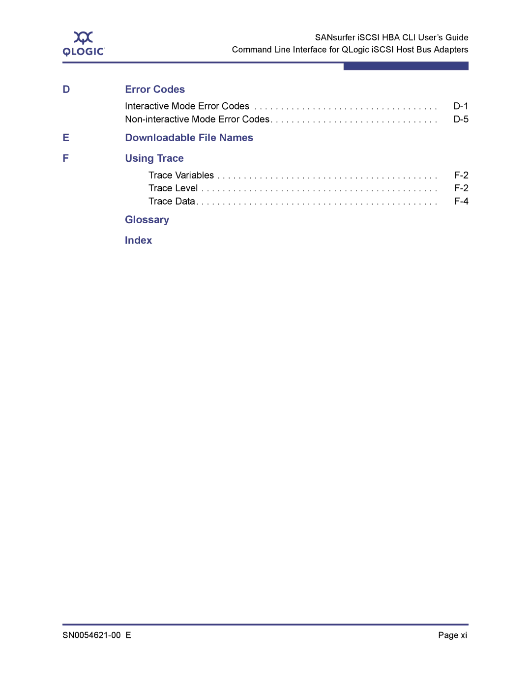 Q-Logic SN0054621-00 E manual Glossary Index, Trace Variables Trace Level Trace Data 