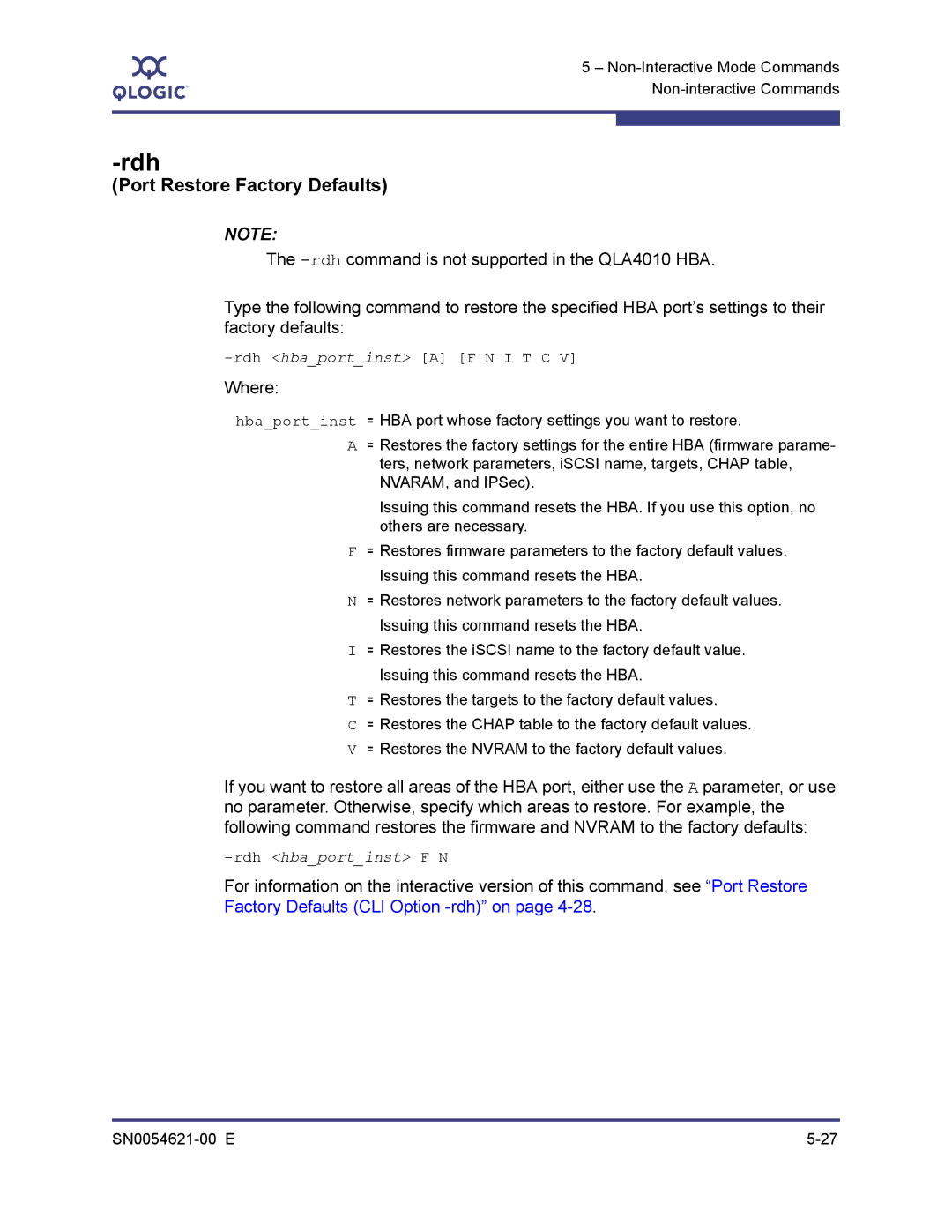 Q-Logic SN0054621-00 E manual Rdh, Port Restore Factory Defaults 