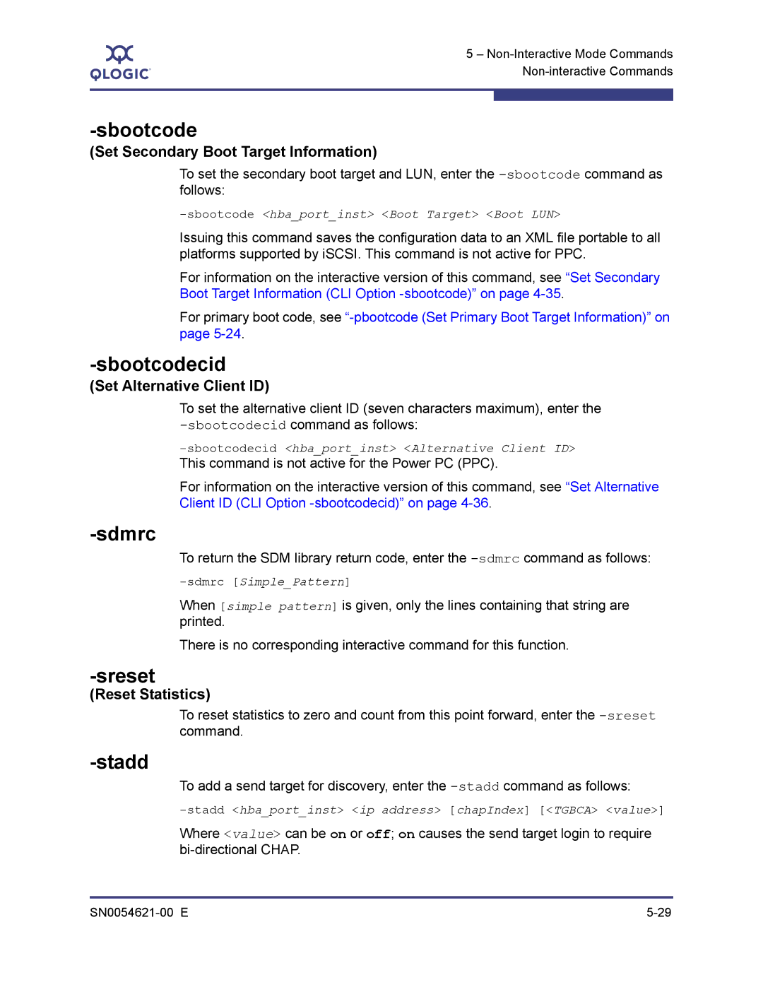 Q-Logic SN0054621-00 E manual Sbootcodecid, Sdmrc, Sreset, Stadd 