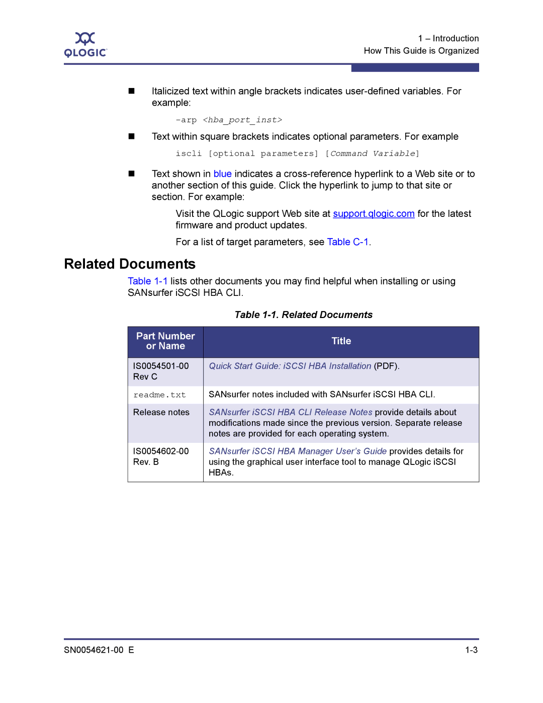 Q-Logic SN0054621-00 E manual Related Documents, Part Number Title Or Name 